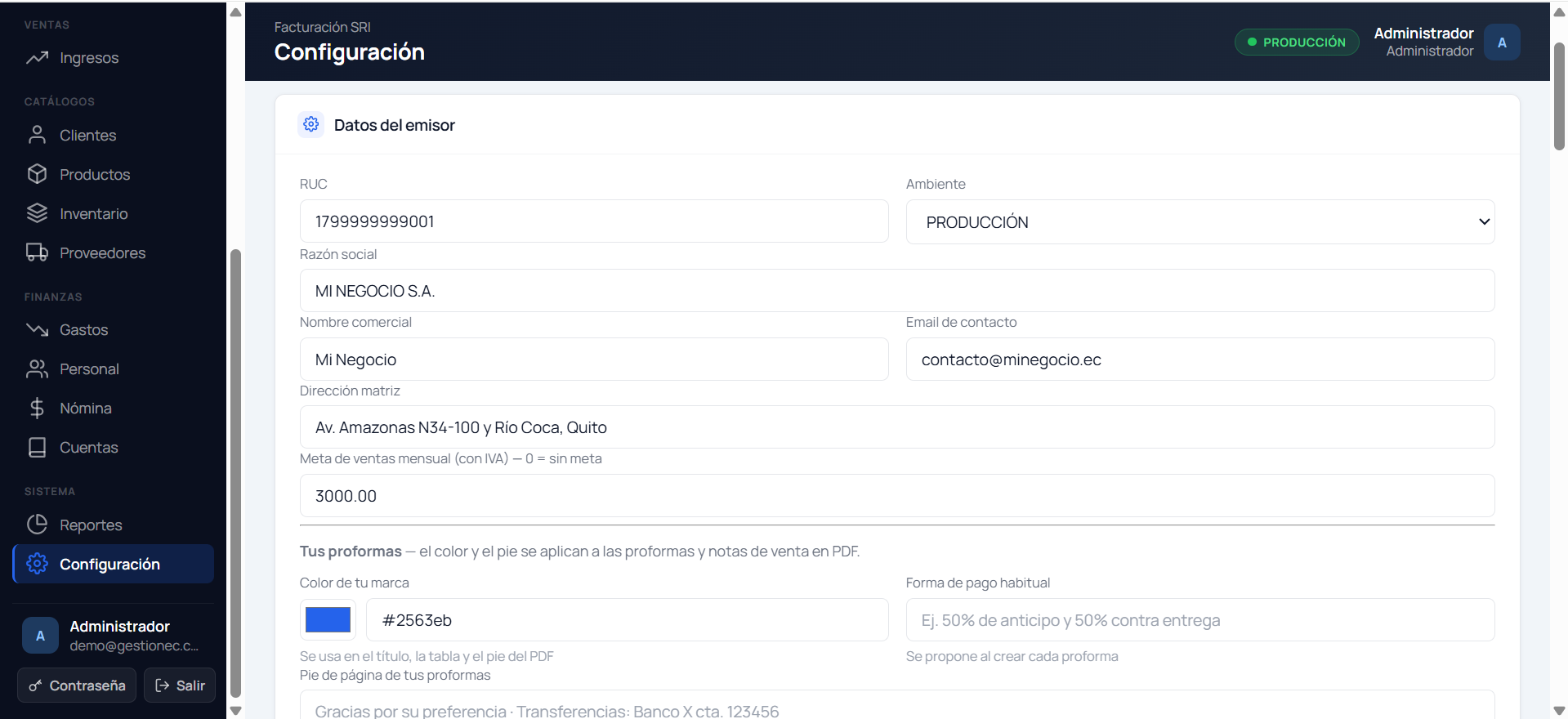 Configuración: tarjeta Datos del emisor con RUC, razón social, nombre comercial, ambiente y meta de ventas