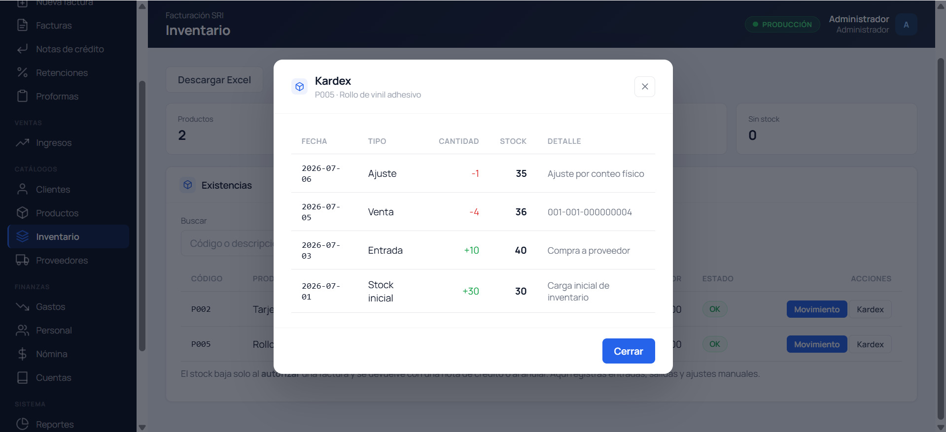 Inventario: lista de productos con stock y el kardex de movimientos