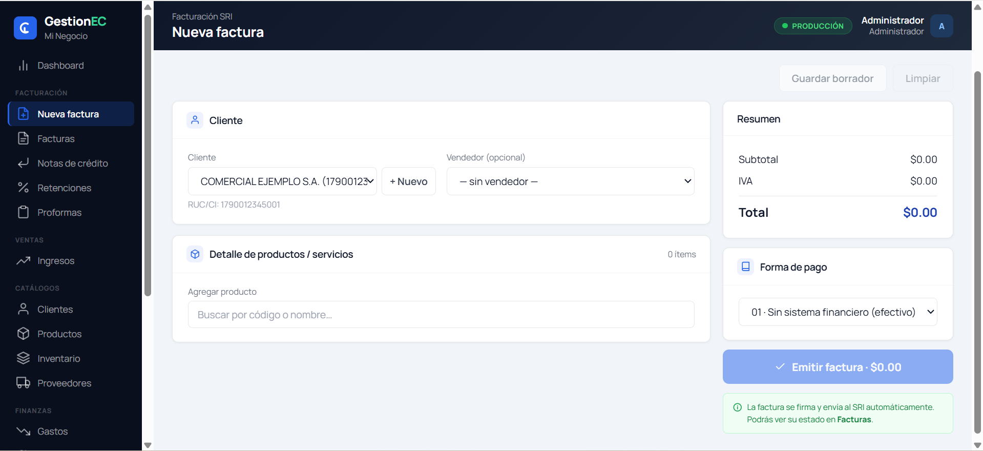 Pantalla Nueva factura: cliente, detalle de productos, forma de pago y resumen