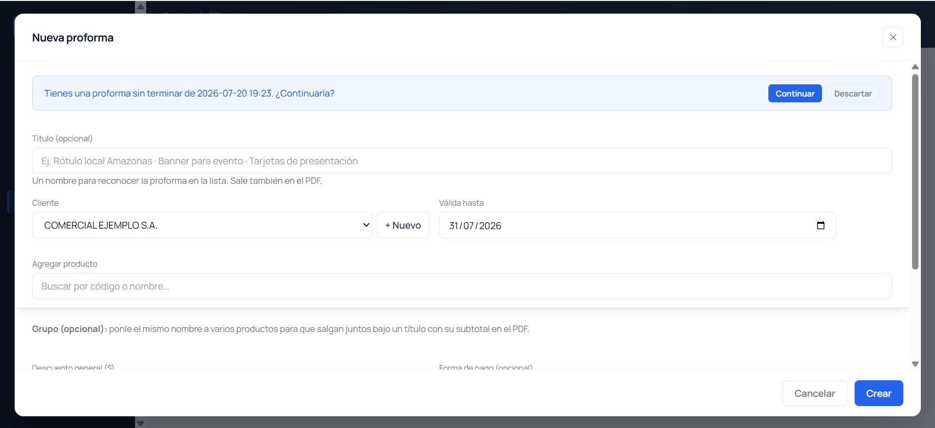 Modal de Nueva proforma: título, cliente, válida hasta y agregar productos