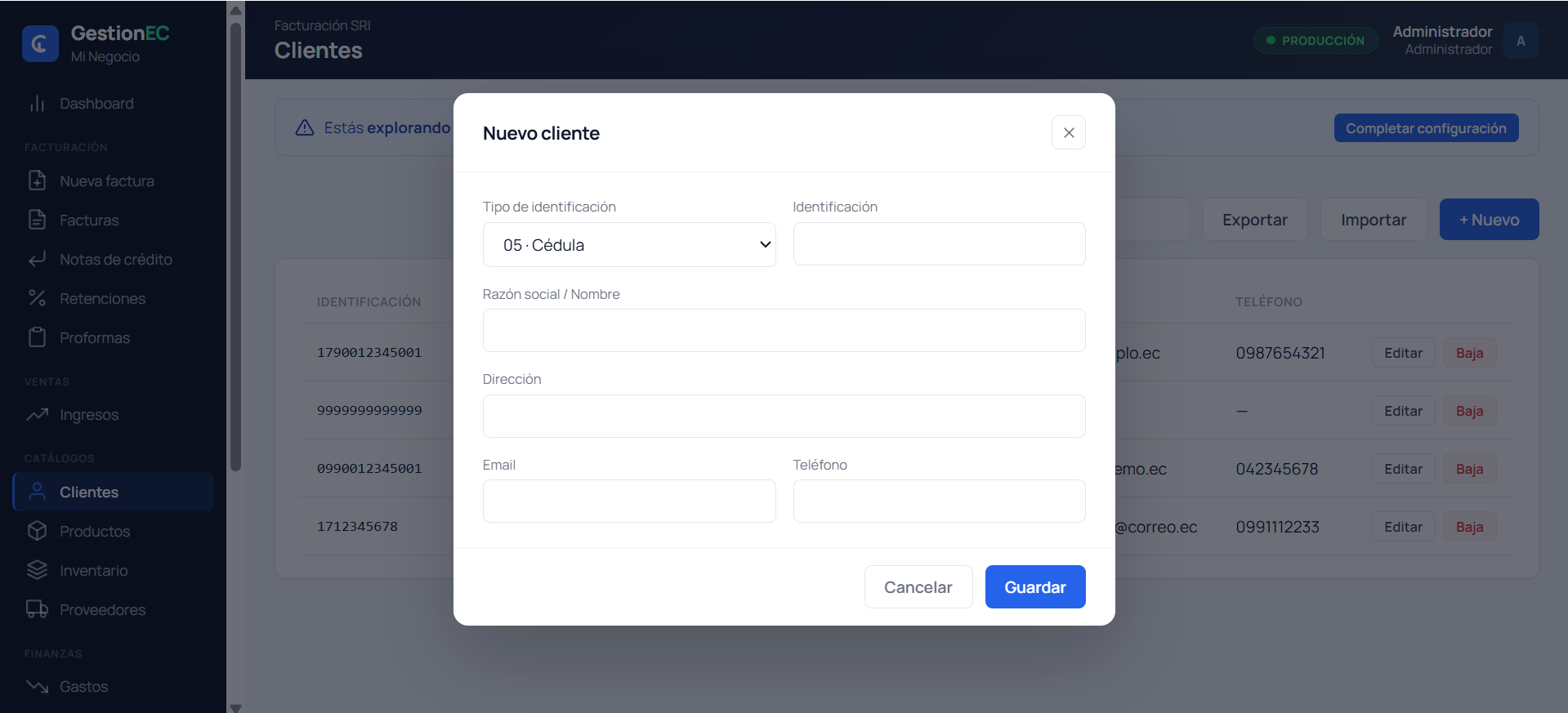 Formulario de nuevo cliente: tipo de identificación, identificación, razón social, dirección, email y teléfono