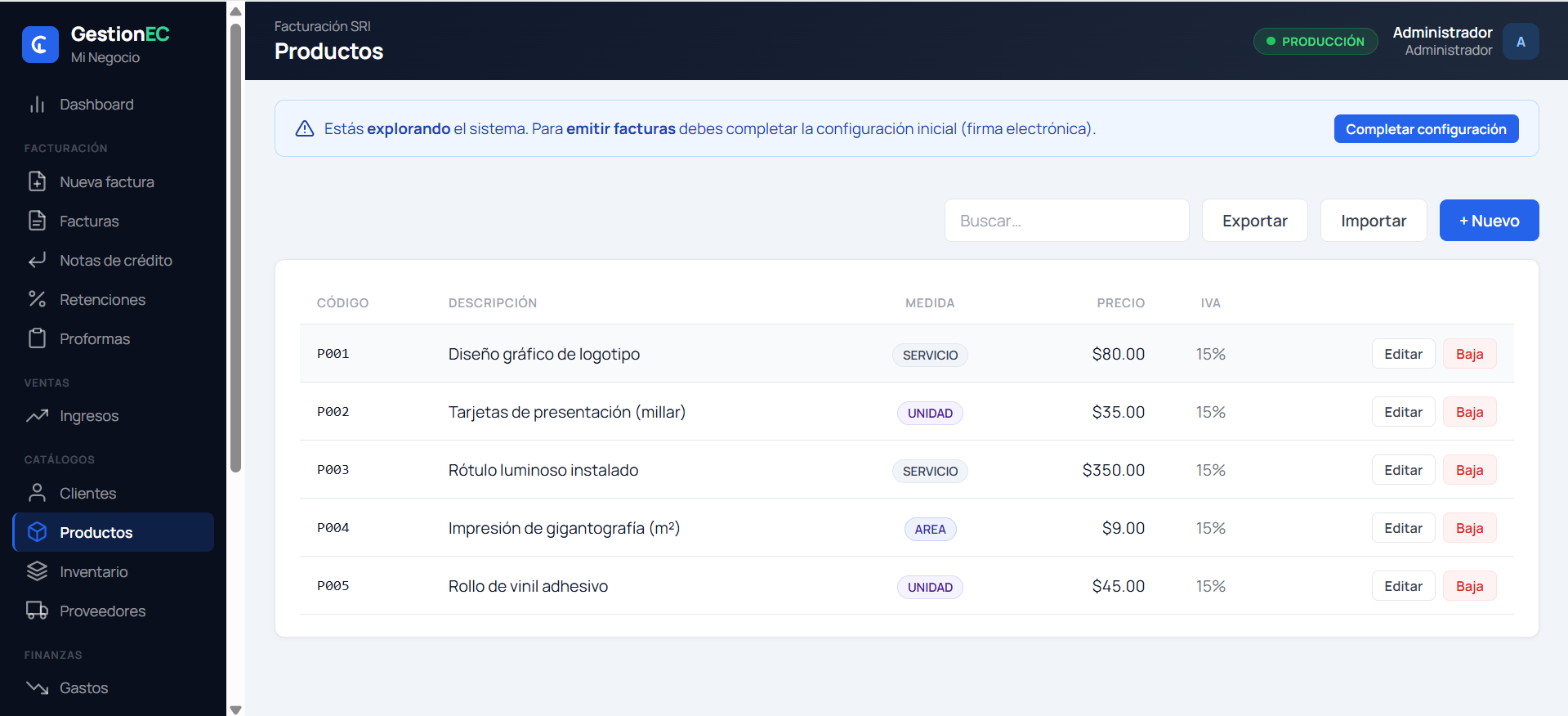 Lista de Productos con código, descripción, tipo de medida, precio e IVA