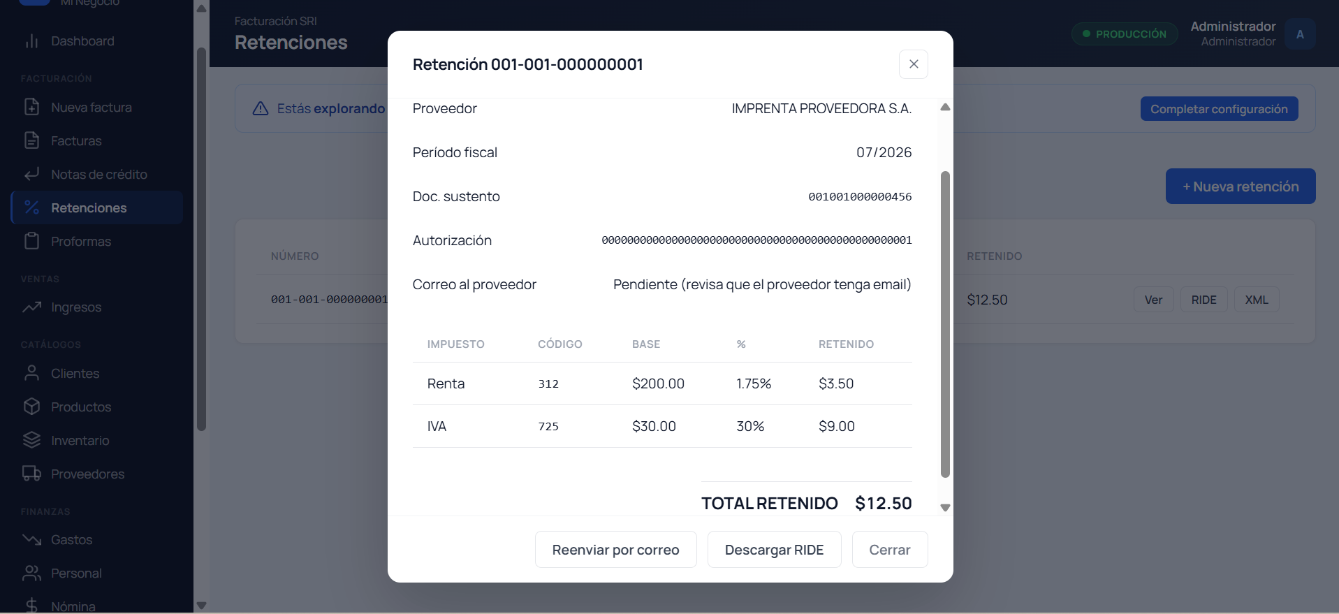 Retenciones: lista de comprobantes de retención emitidos a proveedores